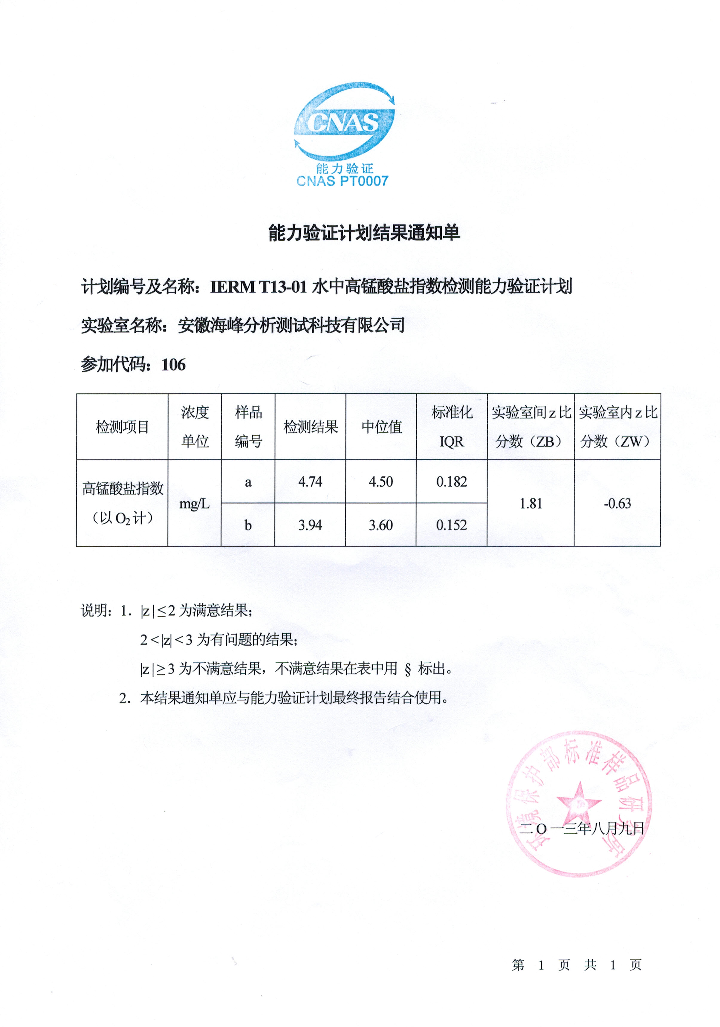 熱烈祝賀我司順利通過“IERM T13-01水中高錳酸鹽指數檢測” 能力驗證